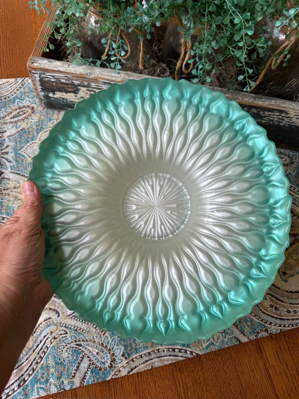 Frosted Art Glass Serving Bowl Aqua Green Ombre Centerpiece Dish 12 Inch